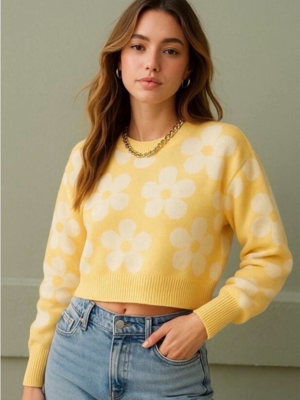 Anthropologie Luna Ivy Soft Yellow Floral Appliqué Crewneck Sweater M Cropped - Picture 2 of 7